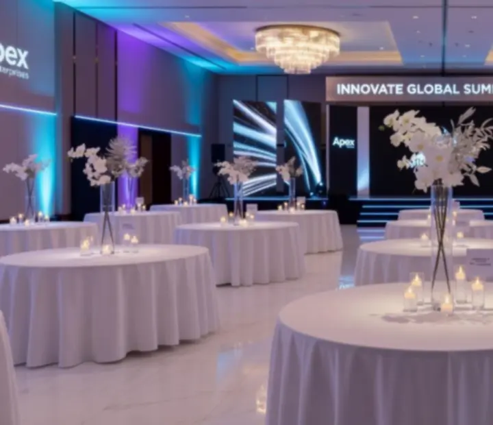 Elegantní firemní gala prostor se scénickým osvětlením a banketními stoly