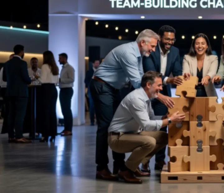 Firemní team‑buildingová aktivita s kolegy spolupracujícími a smějícími se společně