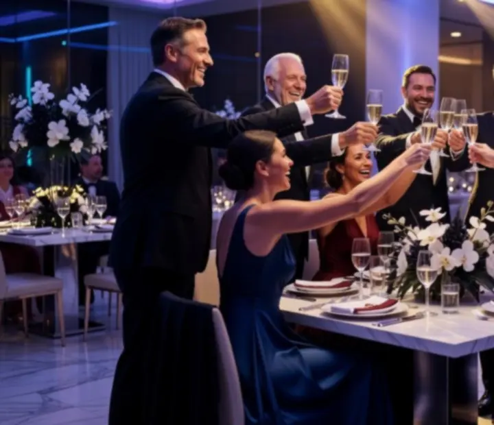 Firemní hosté jásající v krásně osvětleném gala prostoru