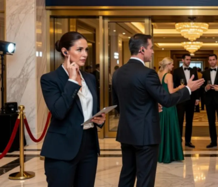 Tým managementu na místě koordinující živý firemní event v zákulisí