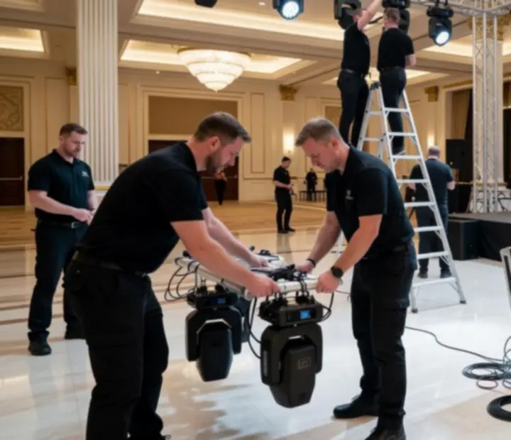 Produkční štáb nastavující jevištní osvětlení a AV pro prémiový firemní event