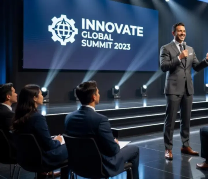 Profesionální moderátor vedoucí firemní živou game show na jevišti